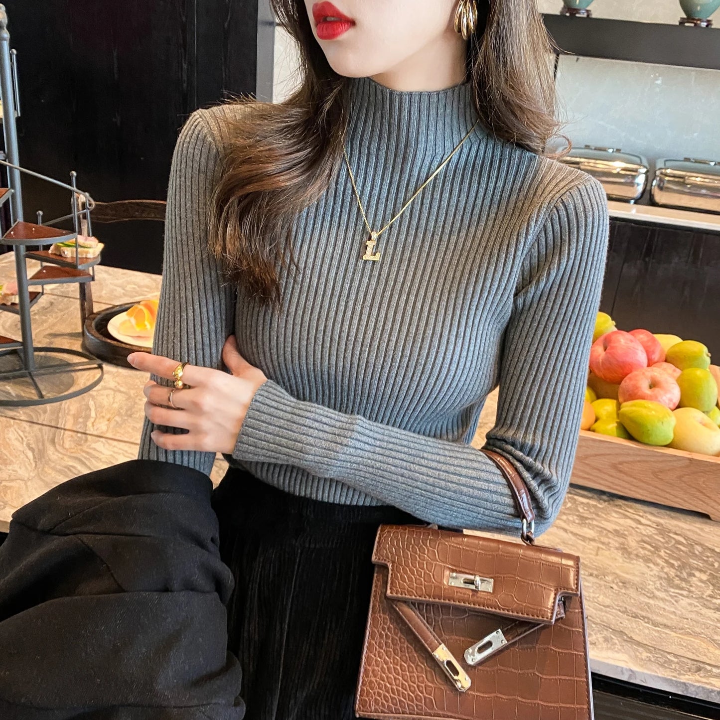 Winter Long Sleeve Mock Neck Knitted Women Sweater Pullover Slim Knit Sweater Women Tops Blusas Mujer De Moda 2024 Blusa J995