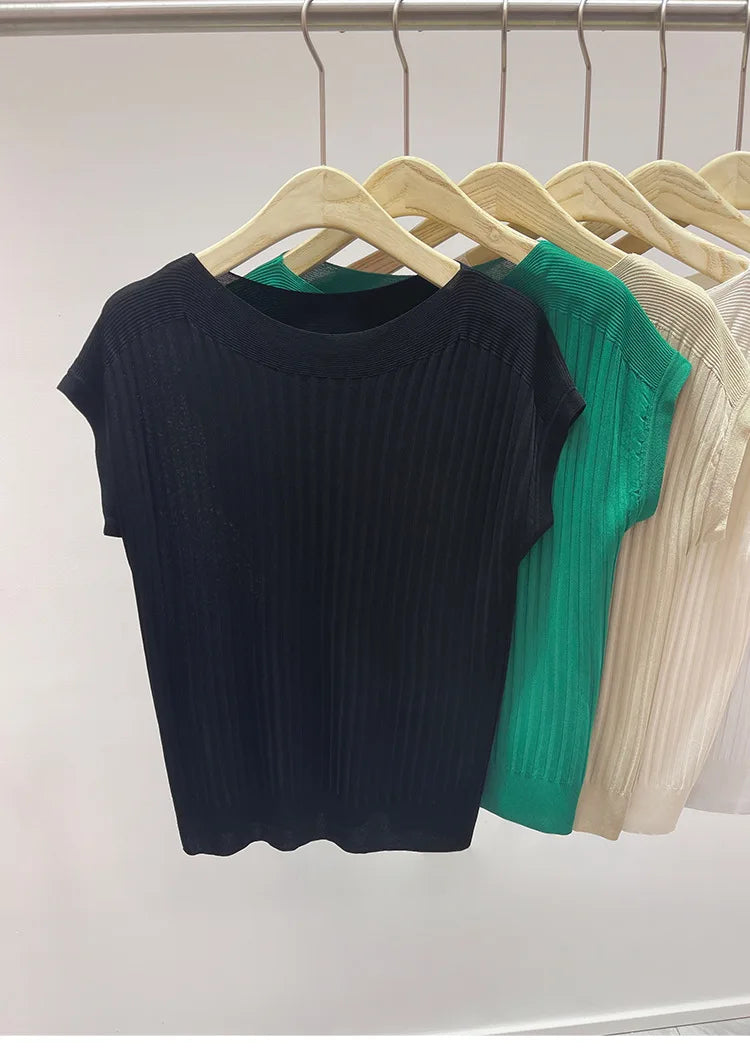 2025 New Spring Autumn Fashion Straight Neck  Knitted Sweater Short Sleeve Women Solid Color Simple Casual Tops Fema