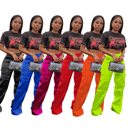 Women Pants  Spring Summer Casual Satin Stretch High Waist Cargo Pants With Pocket Streetwear Solid Wide Leg Pants Flare Trouser