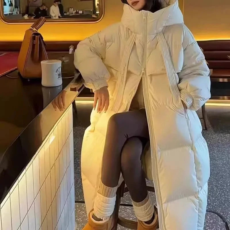 Black Winter Coat 2025 New Women's Thick Cotton Parka Jacket Korean Oversized Loose Hooded Coats Female Casual Long Overcoat