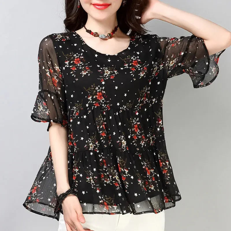 Blouse Women Chiffon Shirt Short Sleeve Women's Top Printed Loose round Neck Blusas Ropa De Mujer