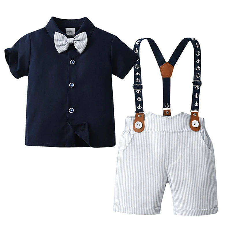 Infant Boy Clothes Set Short Sleeve Shirts With Bow+Striped Overalls Gentleman Party Birthday Suits For Toddler Boys