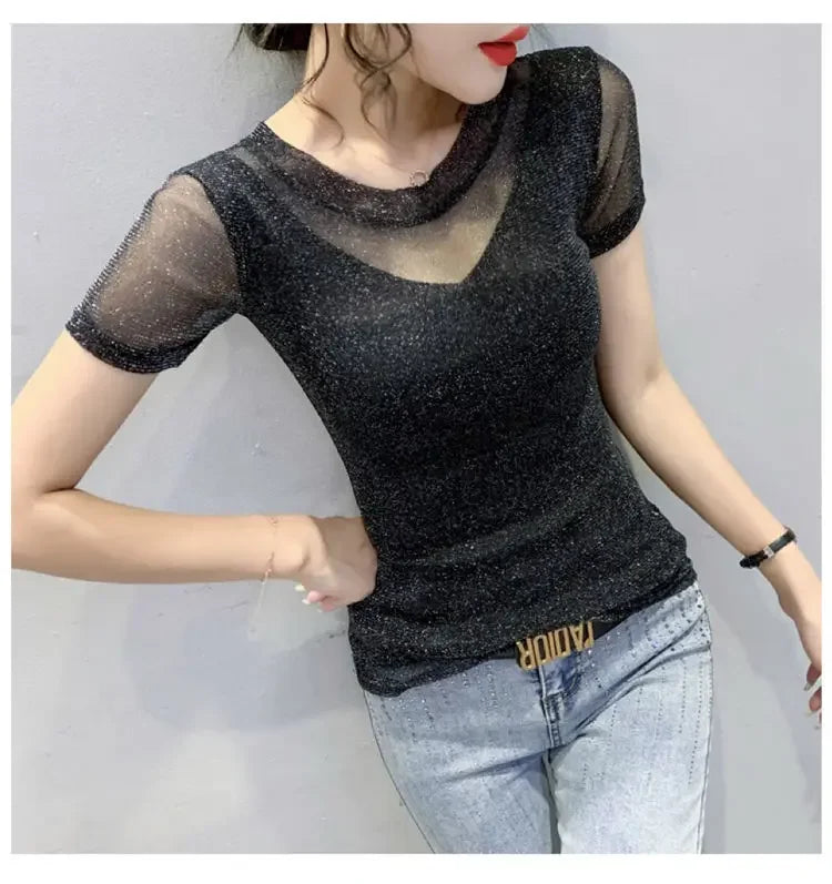 Summer Women Clothing 2025 New Half-sleeved Fashionable Short-sleeved T-shirt Hollow Mesh Top Lace Pullover