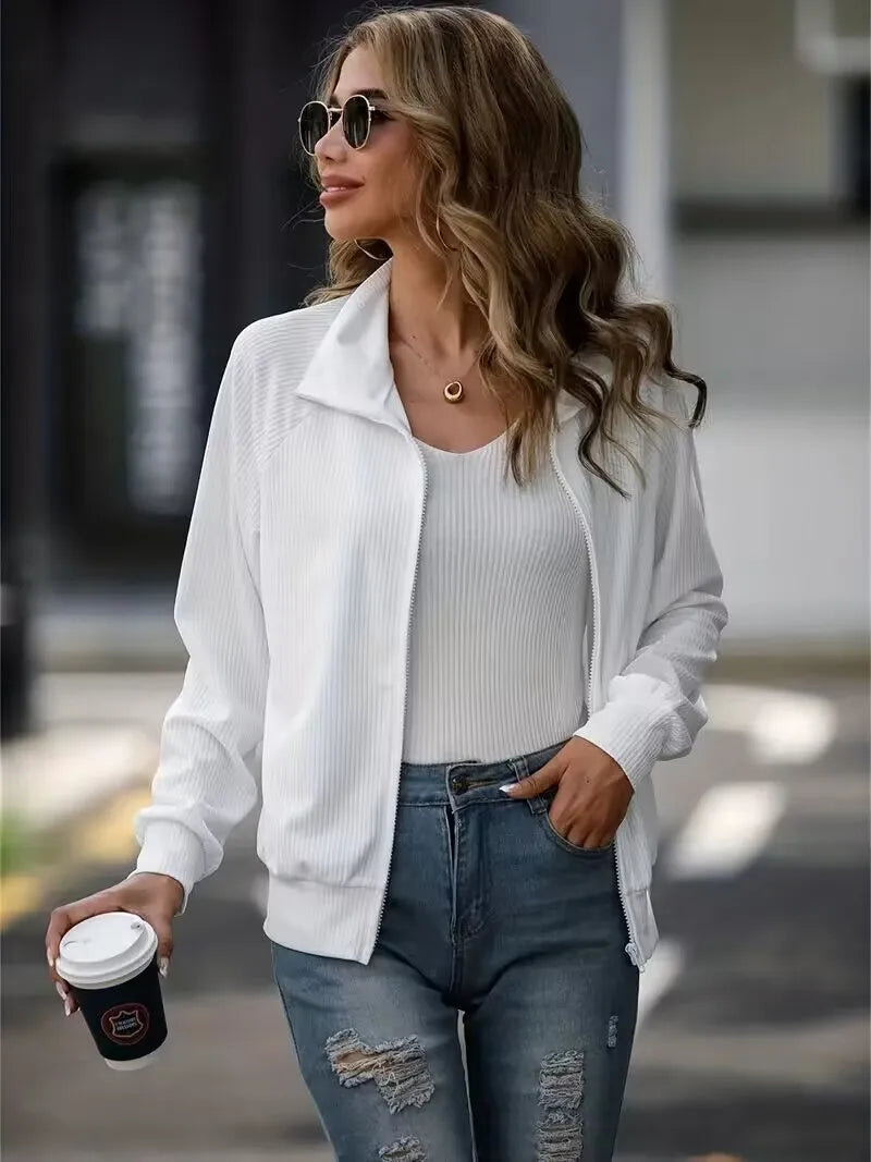 Independent station casual women's autumn and winter new jacket solid color long sleeved loose zipper versatile knitted jacket