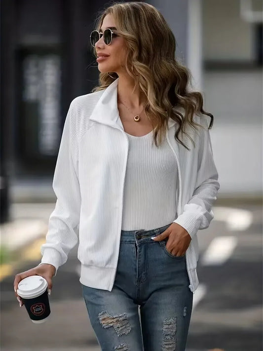 Independent station casual women's autumn and winter new jacket solid color long sleeved loose zipper versatile knitted jacket