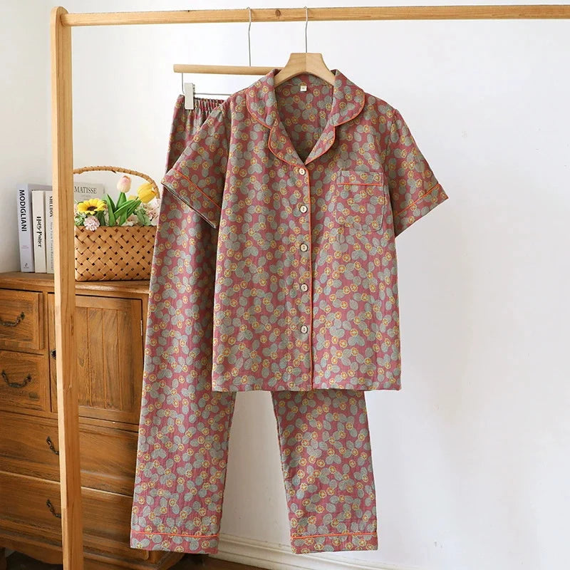 Summer Pijama Cotton Pajamas Set Middle Aged Mother Women 2 Piece Set Outfit Jacquard Home Wear Trousers Short Sleeve Sleepwear