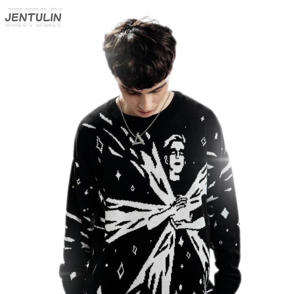 Men Women Hip Hop Abstract Quasar Knitted Sweater Harajuku Fashion Loose Tops Casual Streetwear Pullover Y2K Clothes Vintage 90s