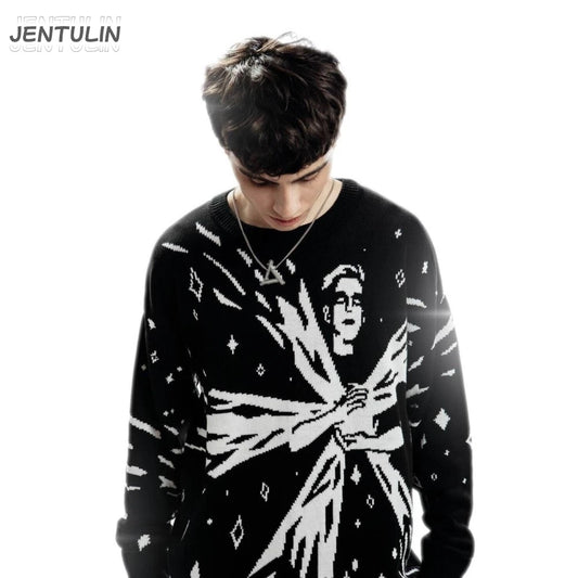 Men Women Hip Hop Abstract Quasar Knitted Sweater Harajuku Fashion Loose Tops Casual Streetwear Pullover Y2K Clothes Vintage 90s
