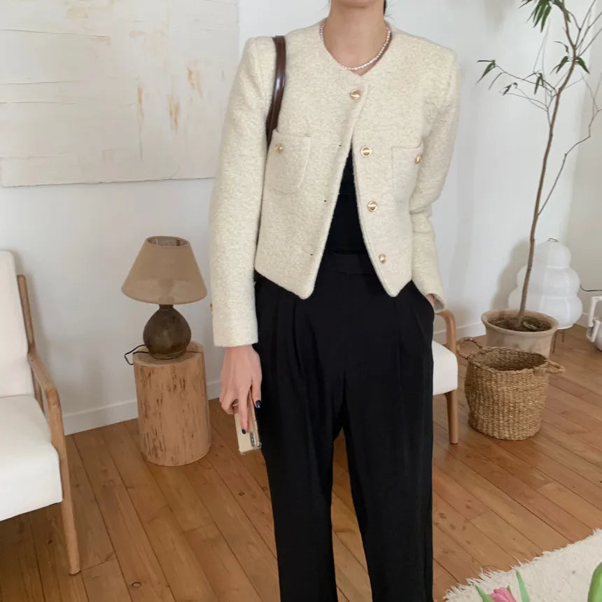 Women Autumn Winter 2025 French Vintage Coat Temperament High Quality Korean Casual Single Breasted Slim Tweed Jackets