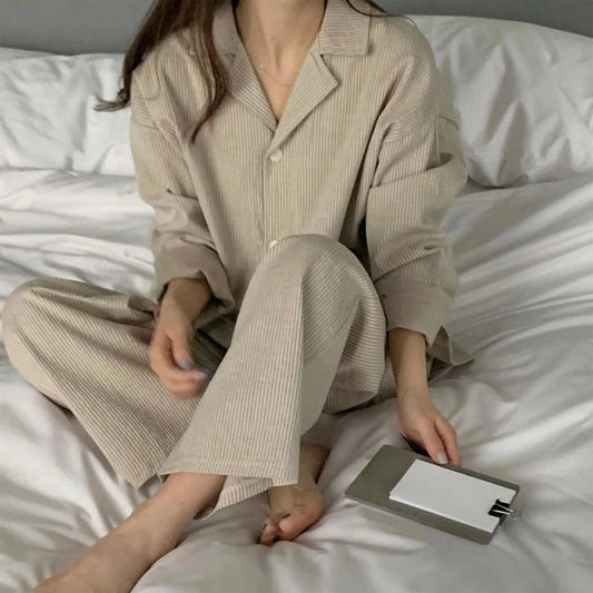 Striped Sleepwear Women Pajama Sets Korean Piiama Pants Sets for Women 2 Pieces Button Night Wears Long Sleeve Home Suit pigma