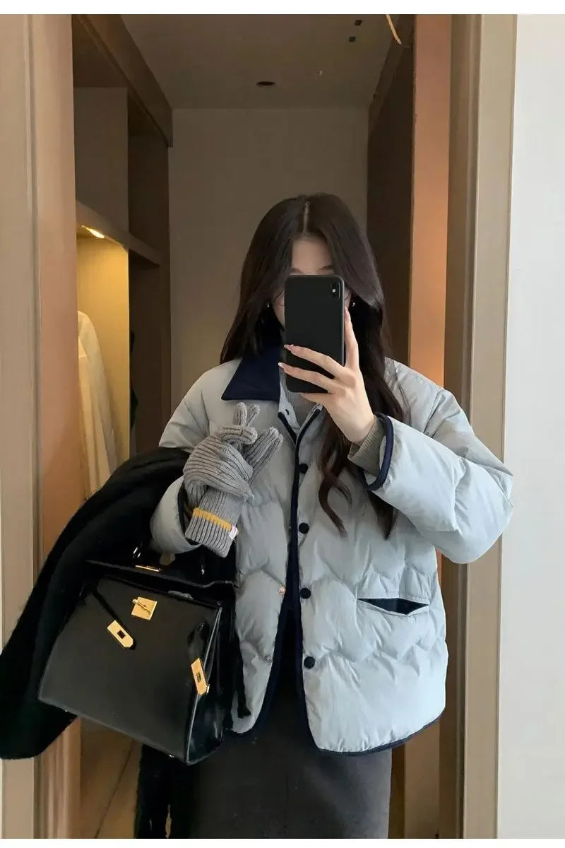 Women Casual Down Coats Korean Fashion Cotton Padded Jacket Female Autumn Winter Long Sleeve Single Breasted Warm Solid Coat