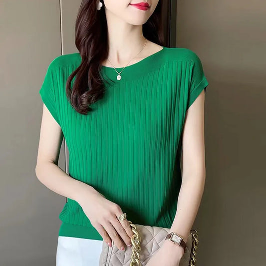 2025 New Spring Autumn Fashion Straight Neck  Knitted Sweater Short Sleeve Women Solid Color Simple Casual Tops Fema