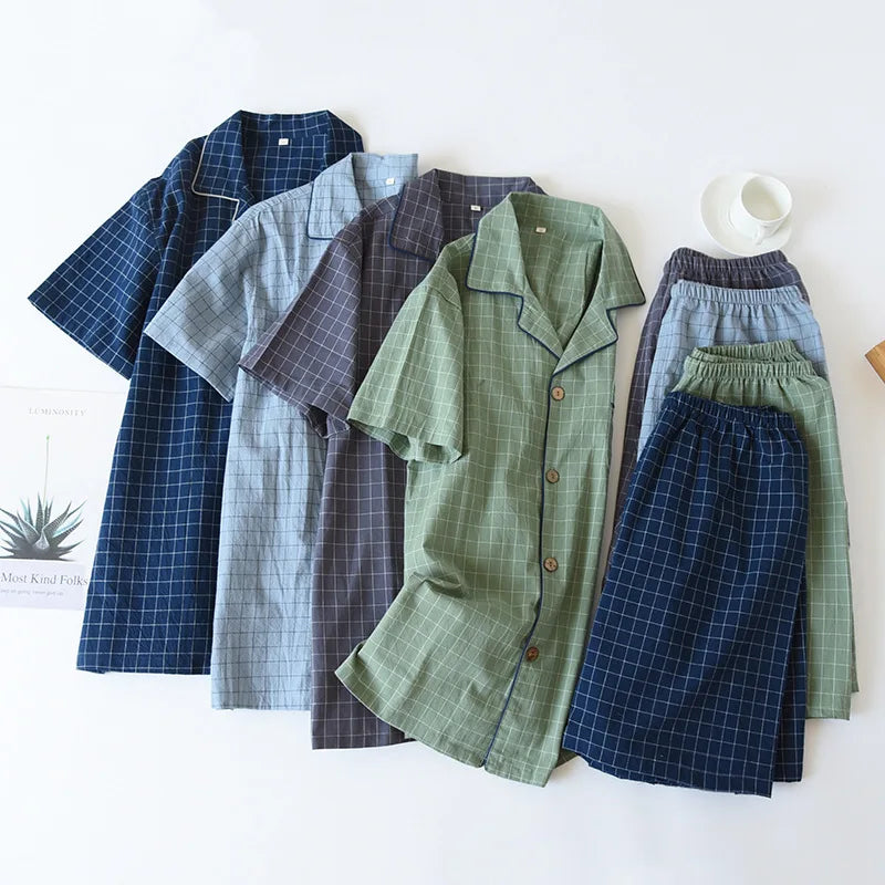 New2025 Men's Summer PajamasThin Short-sleeved Shorts Soft Cotton Simple Japanese Plaid Home Service Suit Pantalon Pijama Hombre