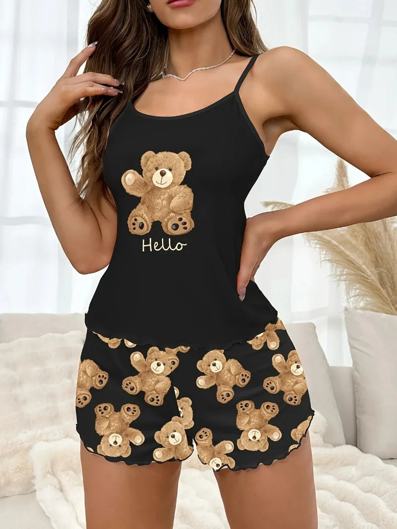 Women's Sleepwear Comfortable Relaxed Fit Pajama Set Round Neck Backless Cami Top & Shorts with Heart Print Shorts
