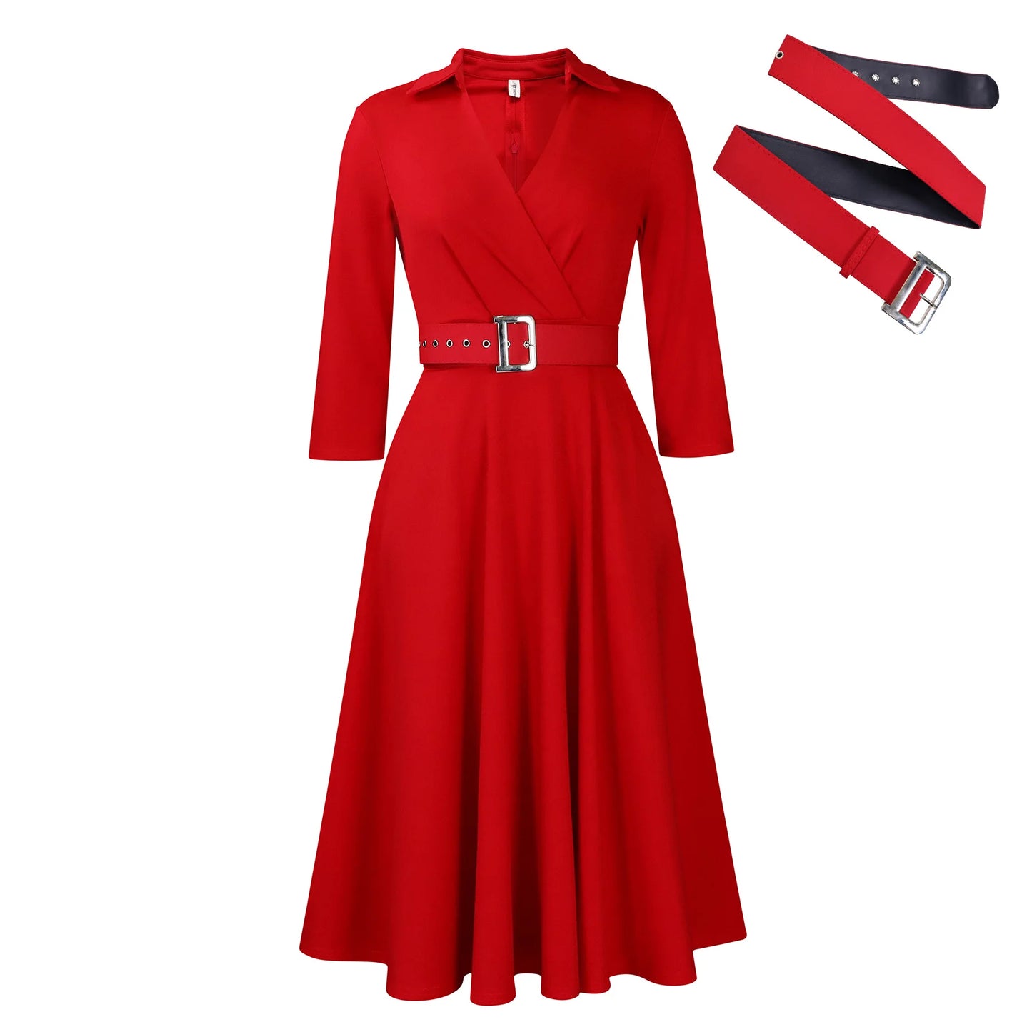 Large size women's 2025 autumn new lapel fashion temperament solid color swing skirt dress