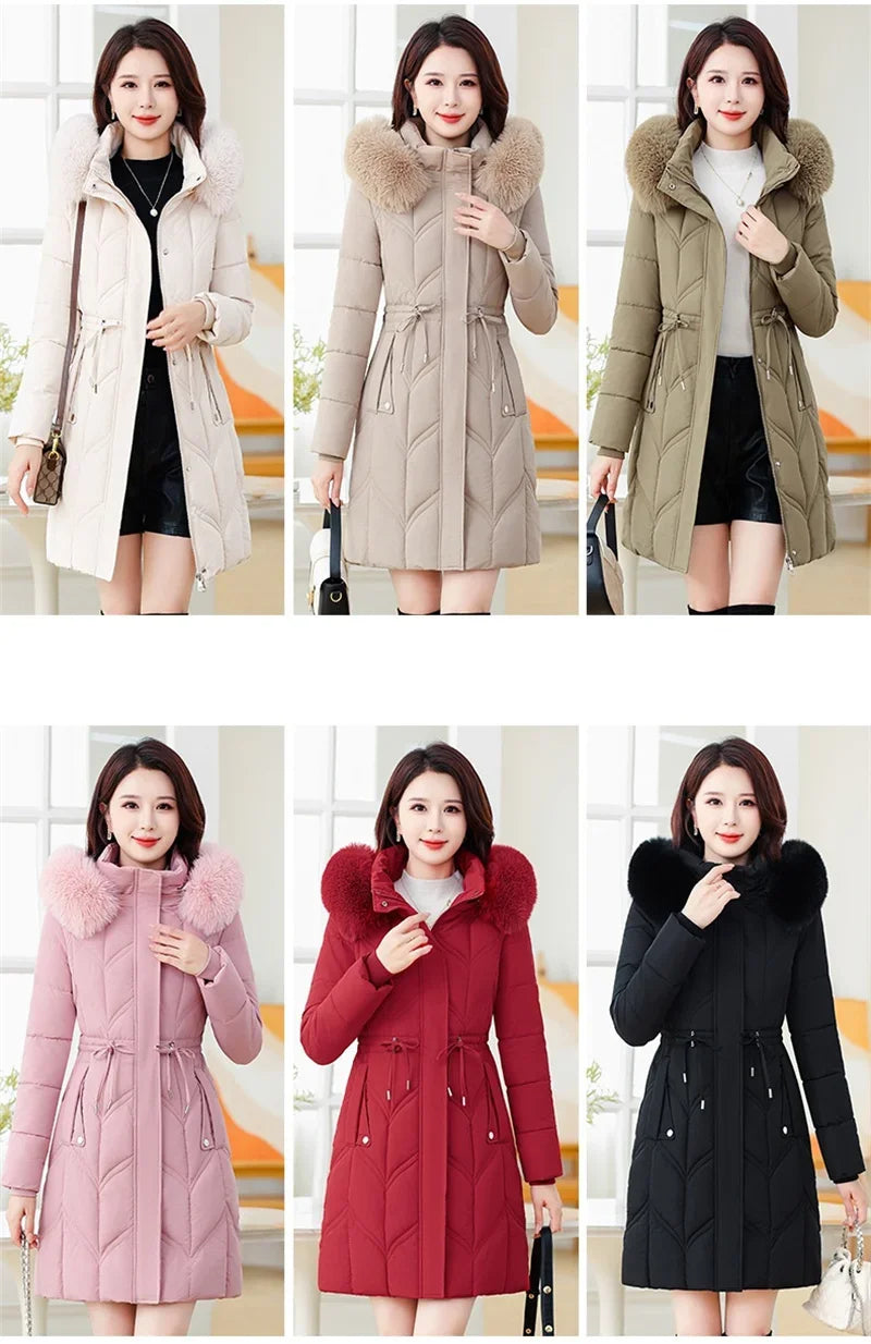 Women Down Cotton Jacket 2025 Mid Long Warm Ladies Outerwear Slim High-End Loose Women Winter Parka Coat Female Cotton Clothes