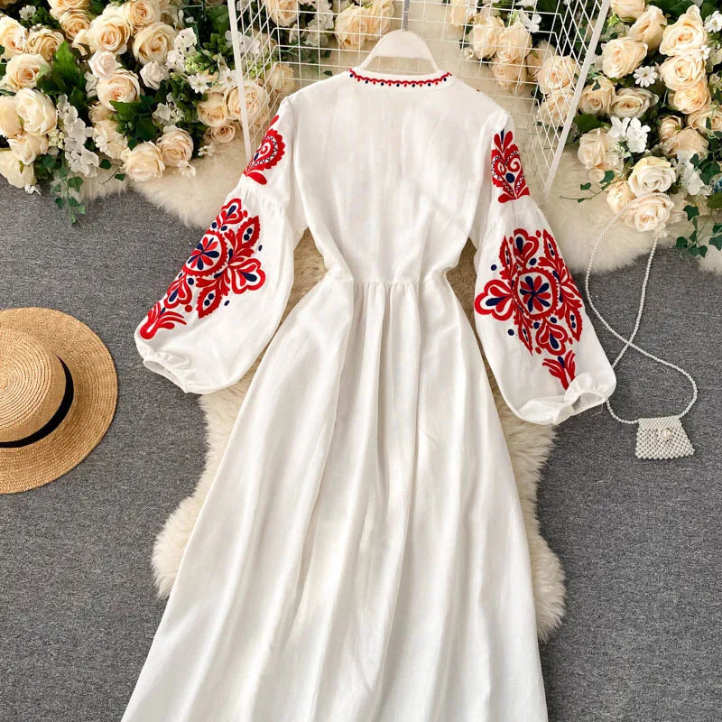 Bohemian Embroidered Dress for Women, Boho, Flower, O-Neck, Lantern Long Sleeve, High Waist, Cotton, White, Spring