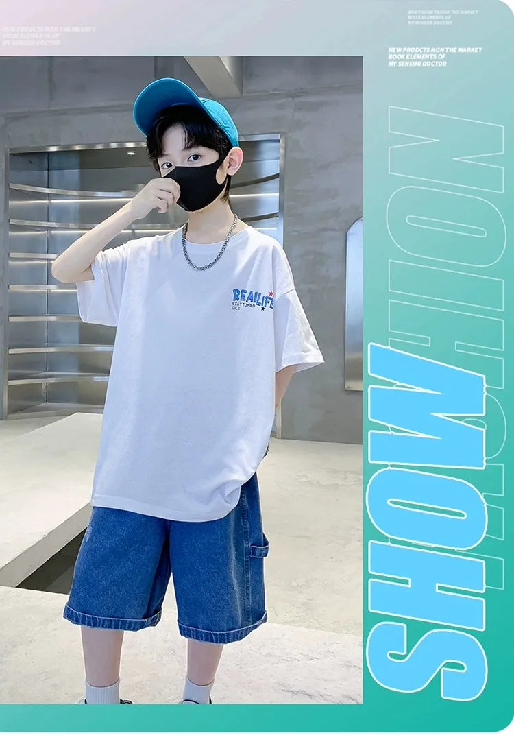 Summer Kids Clothes Streetwear Fashion English Skateboard Print T Shirt 100%Cotton Tops Tees Children Short Sleeve Boys Clothes