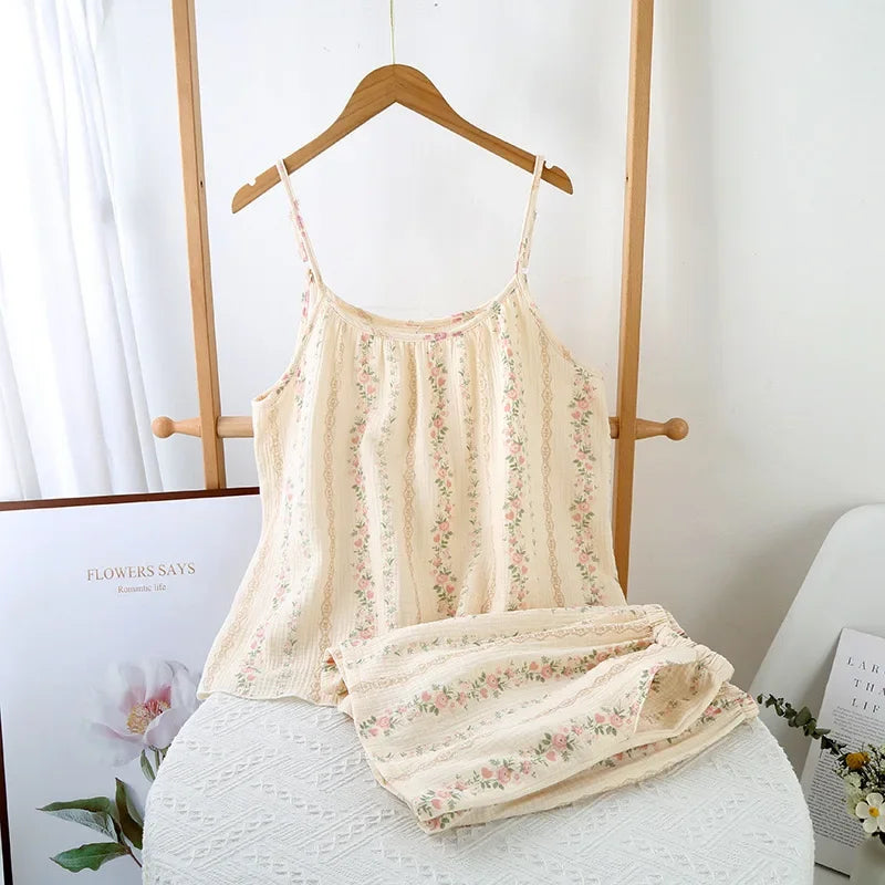 100% Cotton Women's Pajama Set Woman 2 Pieces Spaghetti Strap Sleepwear Women Floral Print Pajama  Strap