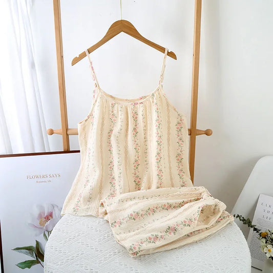 100% Cotton Women's Pajama Set Woman 2 Pieces Spaghetti Strap Sleepwear Women Floral Print Pajama  Strap