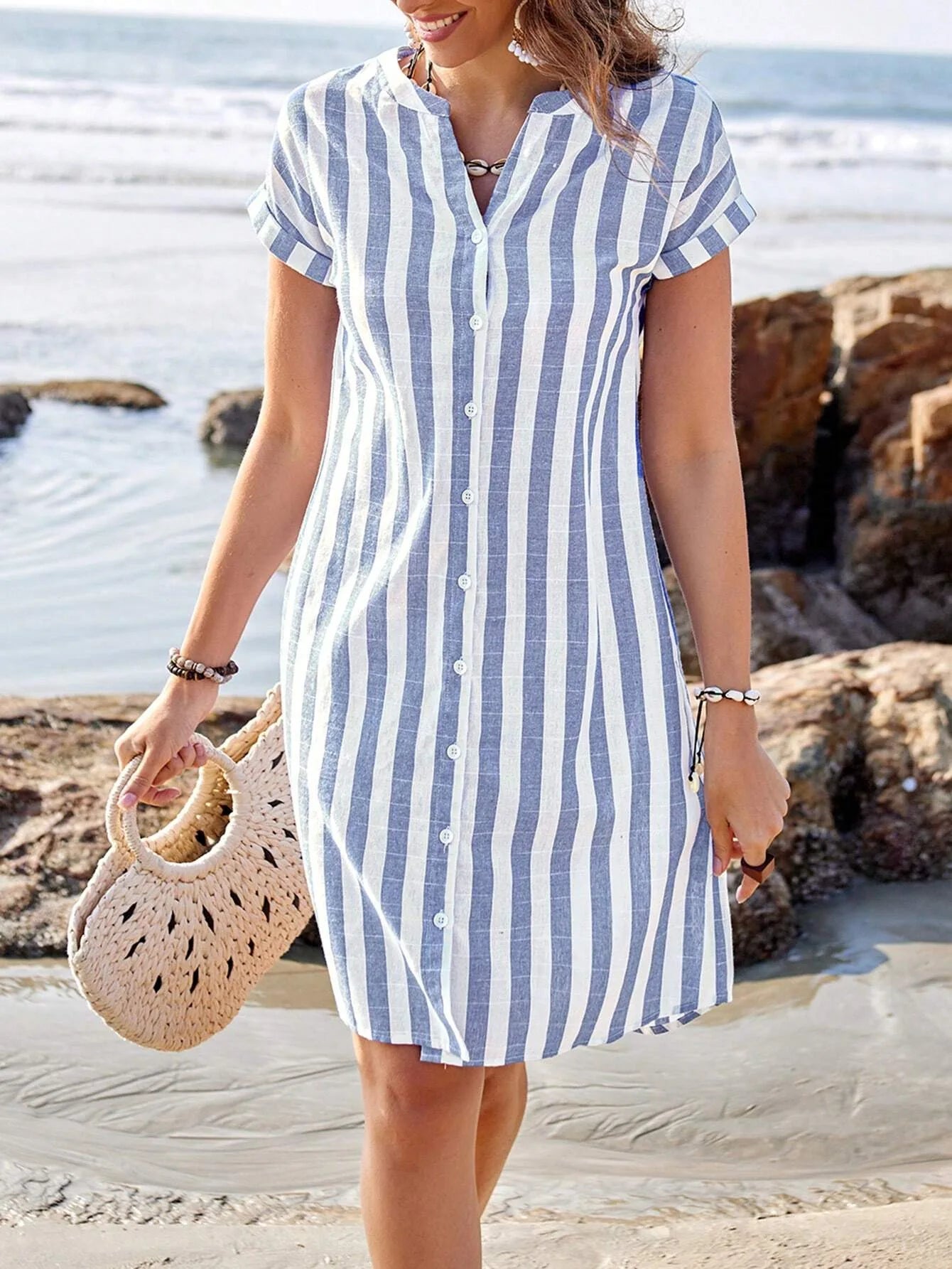Women's Fashion Summer Shirt Dress Elegant Casual Striped Stand Collar Front Button Loose Short Sleeves Dresses