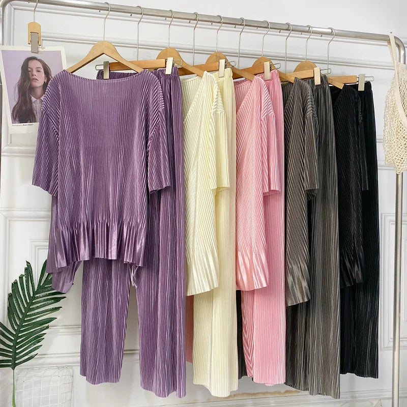 Pants Sets Fashion Elegant Pleated V-Neck Buckle Irregular Hem Tops High Waist Slim Wide Leg Pants Summer Two-Piece for Women