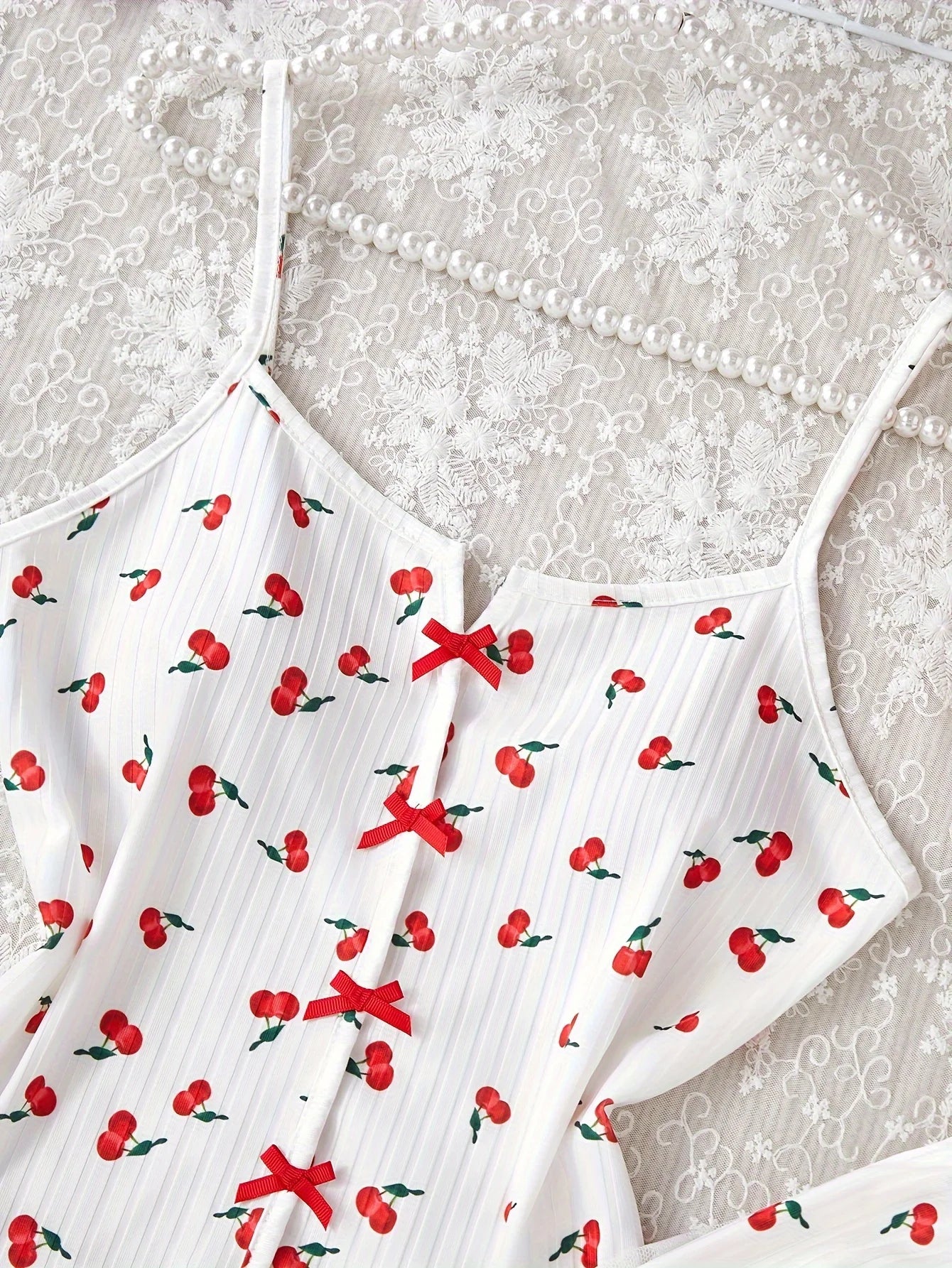 Women's Pajamas Set V-Neck Sleeveless Camisole Vest Cherry Printed Knitted Splicing Mesh Pants Sexy Home Pijama 2 Piece Woman