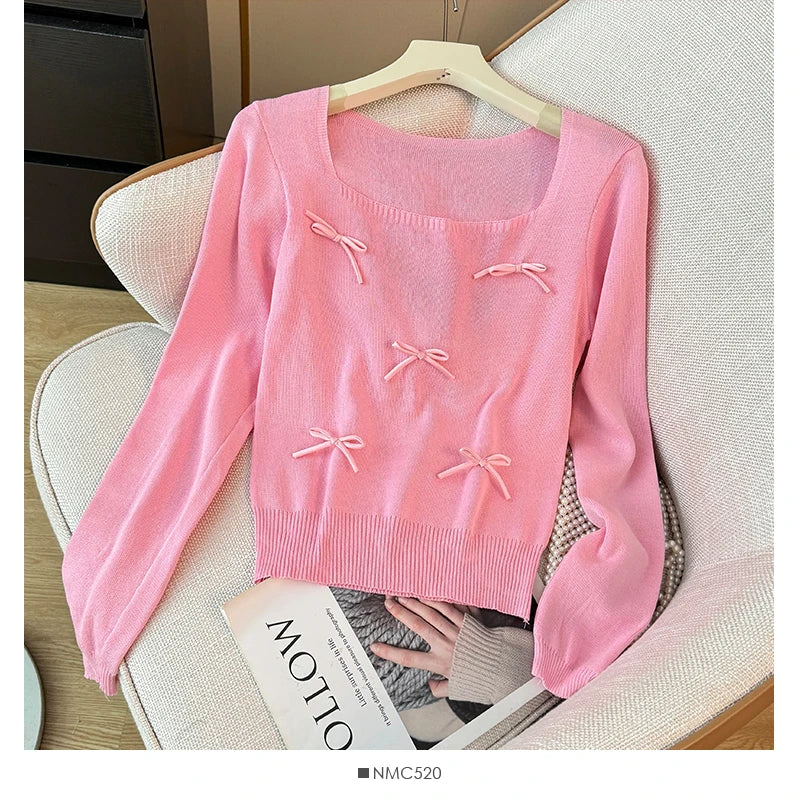Women Bow Cute Knitted Crop Tops Long Sleeve Square Collar Slim Black Pullover Sweater Female 2025 Autumn And Winter