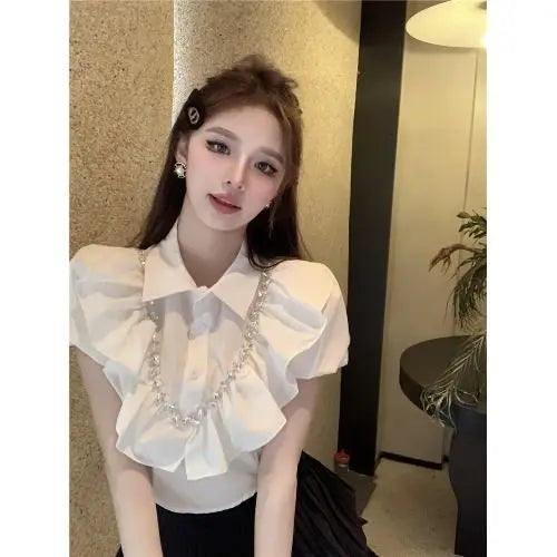 White Women Blouses 2025 Blusas Mujer De Moda Puff Sleeve Slim Fit Heavy Diamond Crop Tops Ruffles Sweet Summer Blouse Shirts