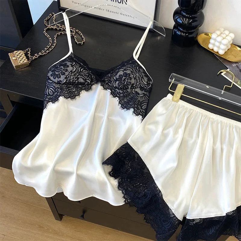 Female Suspender Pajamas Set Lounge Wear Sexy Hollow Out Lace Intimate Lingerie Sleepwear Summer New Strap Top&shorts Homewear