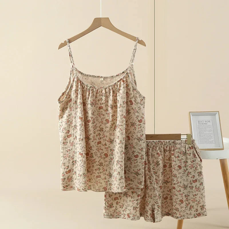 100% Cotton Women's Pajama Set Woman 2 Pieces Spaghetti Strap Sleepwear Women Floral Print Pajama  Strap