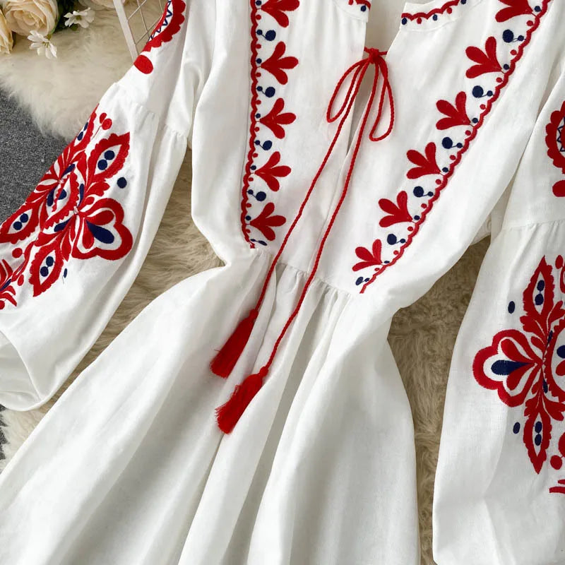Bohemian Embroidered Dress for Women, Boho, Flower, O-Neck, Lantern Long Sleeve, High Waist, Cotton, White, Spring
