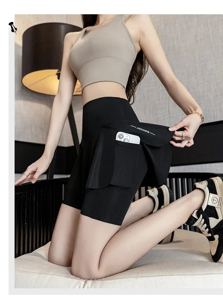 Fake Two Items Shorts Women Big Size Shorts with Pocket Gym Trainning Running Yoga Shorts Stretchy Cycling Three Point Pants
