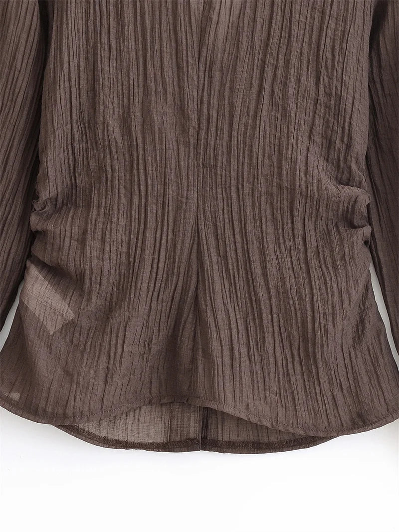 Women's Blouse New Summer 2025 Brown Long Sleeve Translucent Shirt Bow Decoration Sexy and Fashionable Personality and Versatile