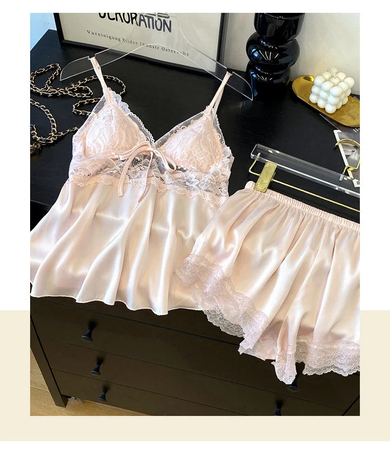 Female Suspender Pajamas Set Lounge Wear Sexy Hollow Out Lace Intimate Lingerie Sleepwear Summer New Strap Top&shorts Homewear