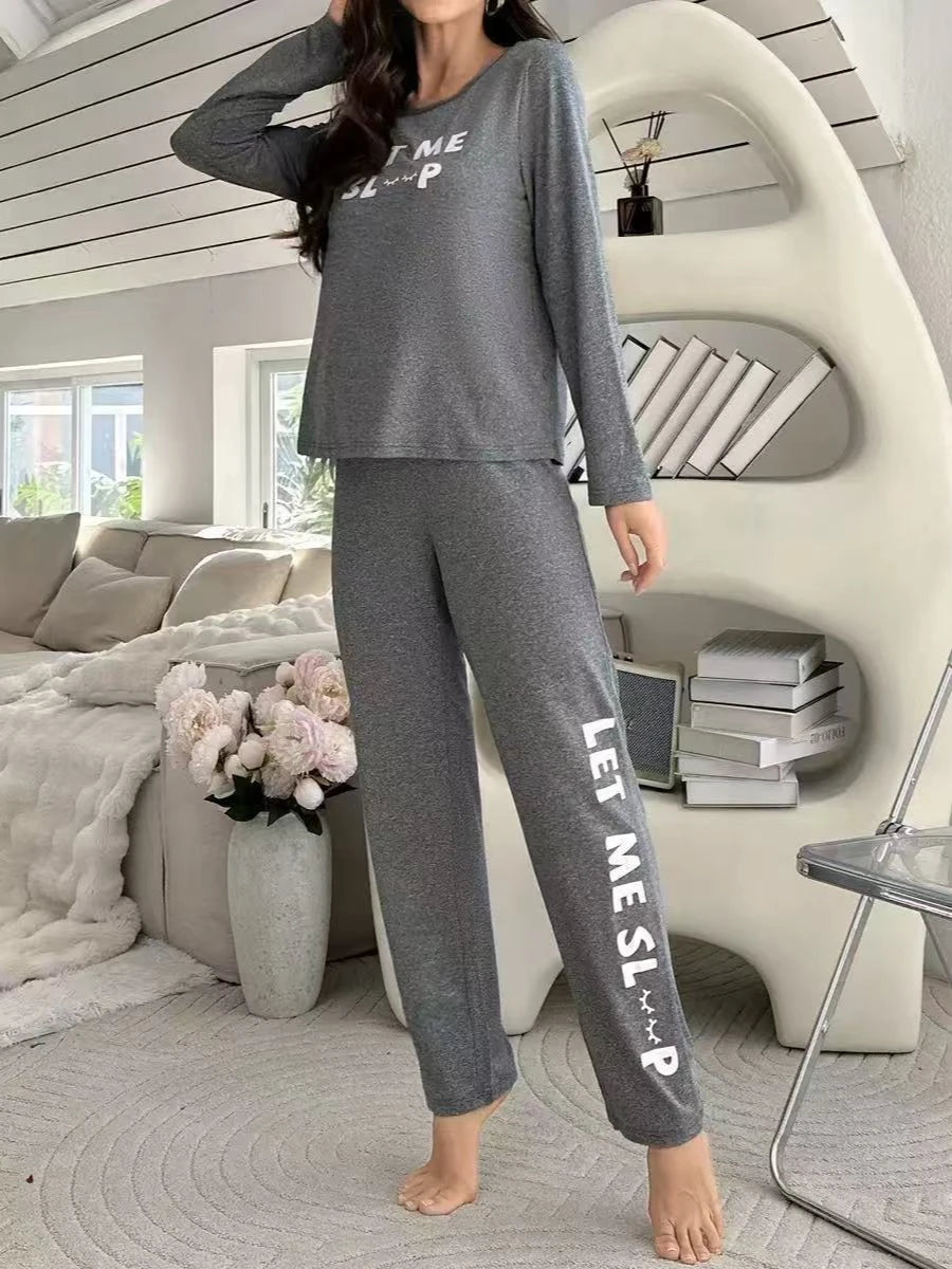 Women's Pyjama Set Fashionable Alphabet Print Round Neck Top and Long Trousers Set Simple and Casual Homewear