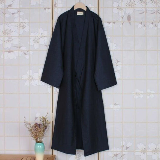 Fashion Japanese Style Kimono Robe Solid Color Lace Up Long Bathrobe Pajamas Belt Cotton Home Pijama Robes Clothing For Men