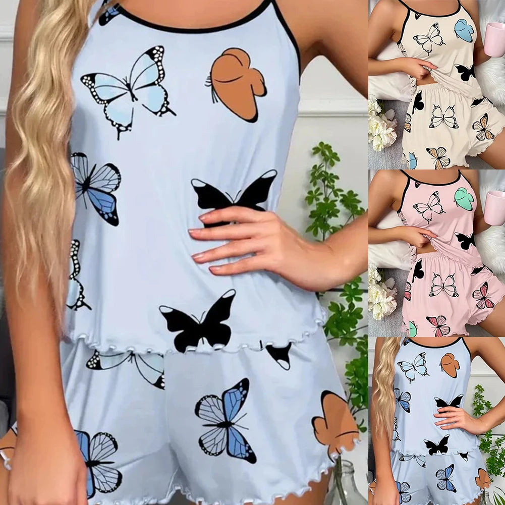 Womens Butterfly Print Pajamas Suit Comfortable Stylish Casual Soft Vest Shorts Trouser Sets Women Pajama Fashion Lounge Pajamas