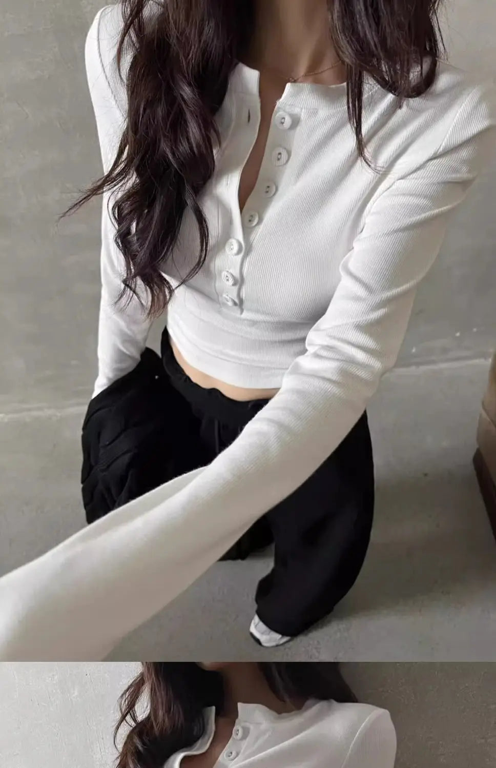 Polo Neck T Shirt for Women Sexy Crop Top Button Long Sleeve Woman Tshirt Slim Black Youthful Elegant Synthetic Aesthetic Luxury