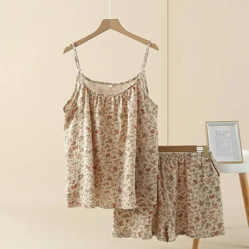 100% Cotton Women's Pajama Set Woman 2 Pieces Spaghetti Strap Sleepwear Women Floral Print Pajama  Strap
