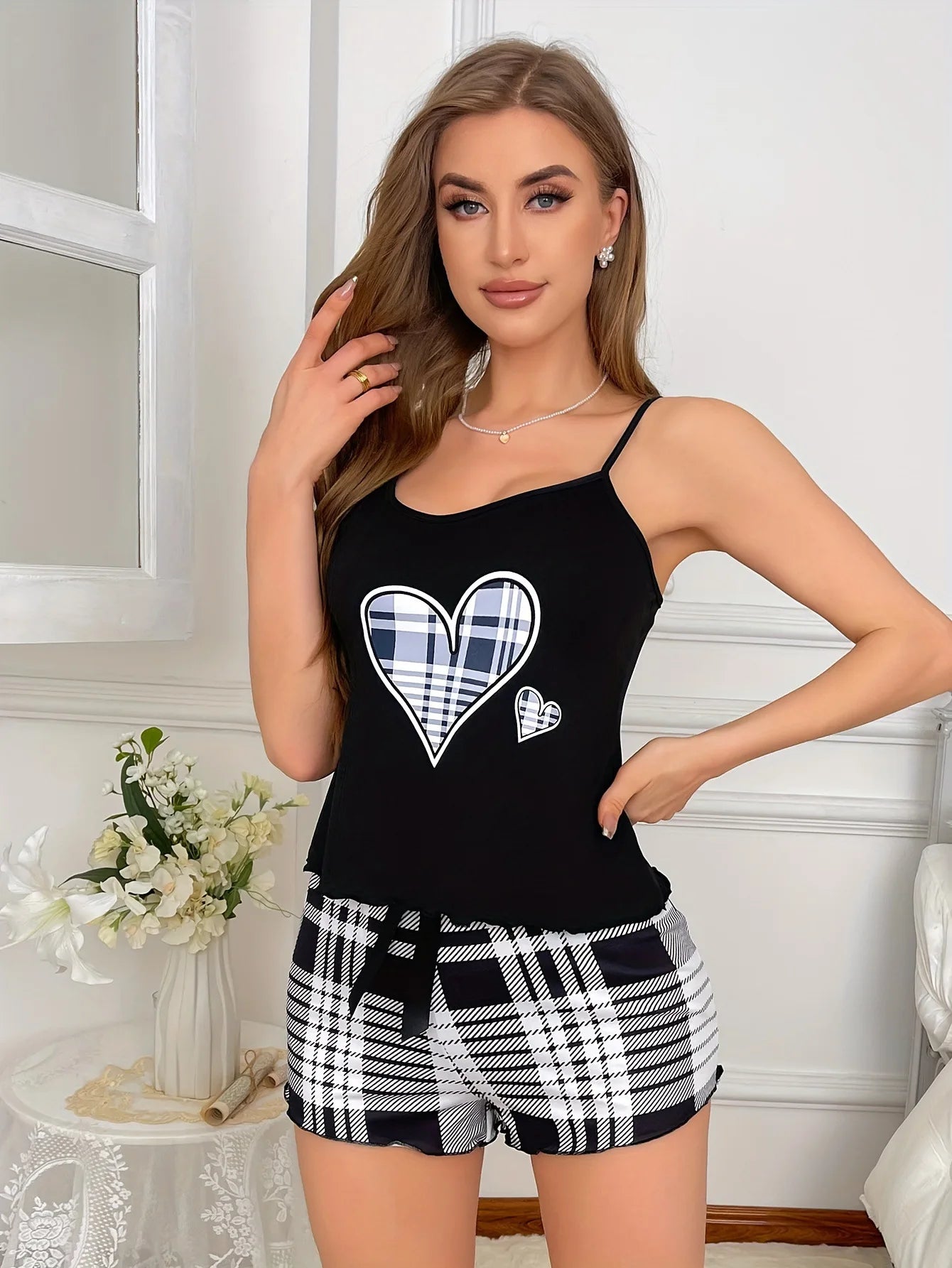 Pajama Sets Women Two Piece Set Sling Underwear Tops Short Pants Plaid Elastic Waist Lounge Lace Up Homewear Casual Summer 2025