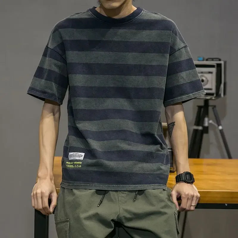T Shirt for Men Striped Top Blue Loose Man Tee Shirts Vintage Clothing Baggy Basic Harajuku Casual Short Quarter Sleeve Kpop Hot