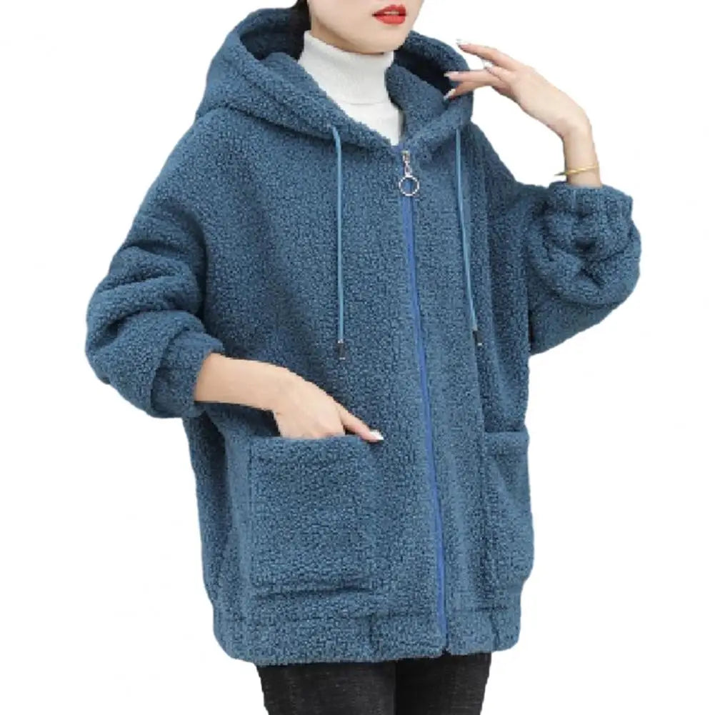 Women Coat Autumn Winter Hooded Drawstring Coat Long Sleeve Pockets Zipper Placket Thick Plush Cardigan Outwear Streetwear