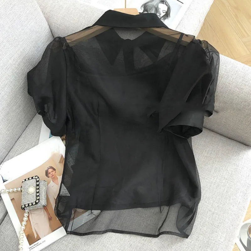 Black Blouse Women Clothing Puff Sleeve Turndown Collar Crop Tops 2025 Blusas Mujer De Moda Gauze See Through Sexy Shirts 7o132