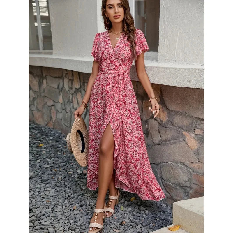 New Summer Women's V-neck Print Short-sleeve One-piece Belted Dress Beach Vacation Style Midi Skirt Regular Waistline