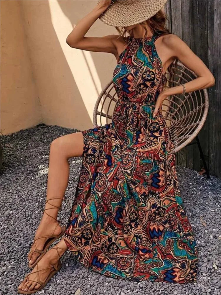 Women's Dress Elegant Print Sleeveless O-neckhalter Off Shoulder Dresses Vintage Waistlace Up Boho Women Long Dress Vestidos