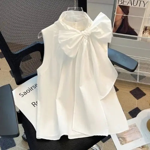White Blouse for Women 2025 Blusas Mujer De Moda Bandage Bow Sleeveless Loose Shirts Fashion Sweet Summer Blouses Tops Female