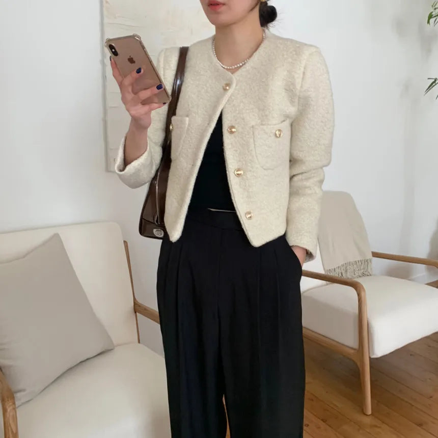 Women Autumn Winter 2025 French Vintage Coat Temperament High Quality Korean Casual Single Breasted Slim Tweed Jackets