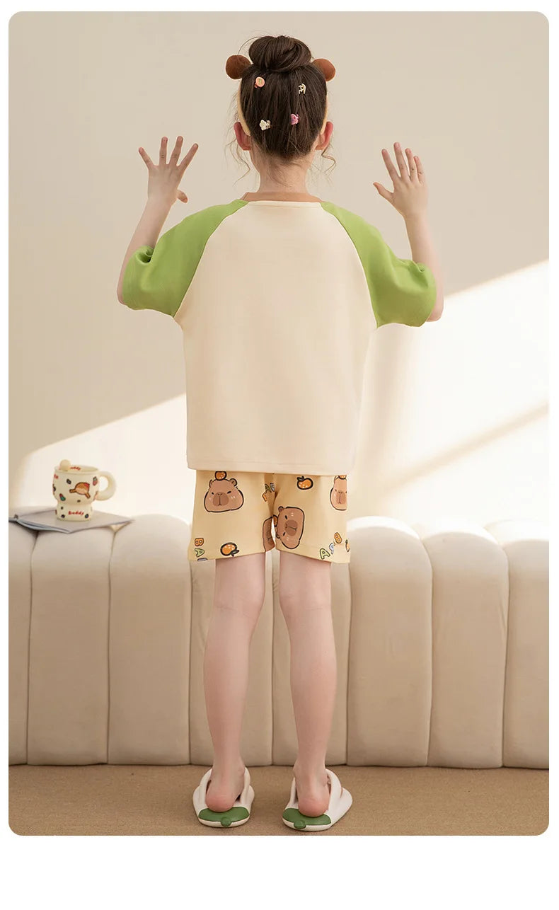 Capybara Pajama Sets 2025 Summer Teen Girls Cartoon Short Sleeved Tops Shorts 2pcs Kids Sleepwear Children Nightgown Loungewear