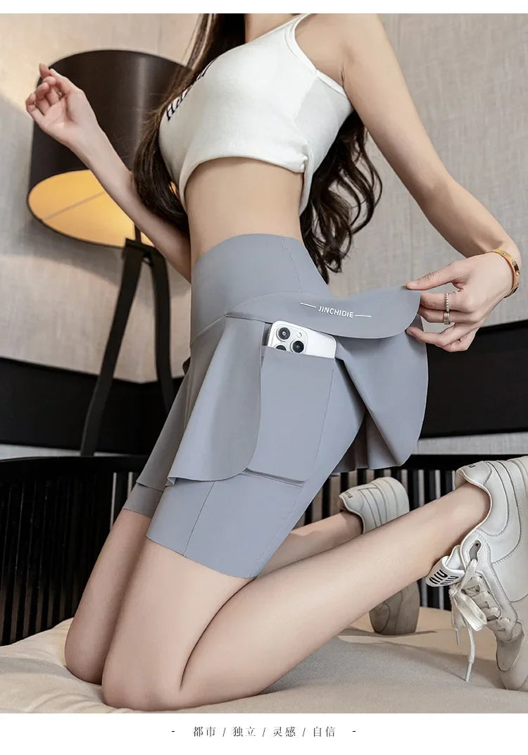 Fake Two Items Shorts Women Big Size Shorts with Pocket Gym Trainning Running Yoga Shorts Stretchy Cycling Three Point Pants